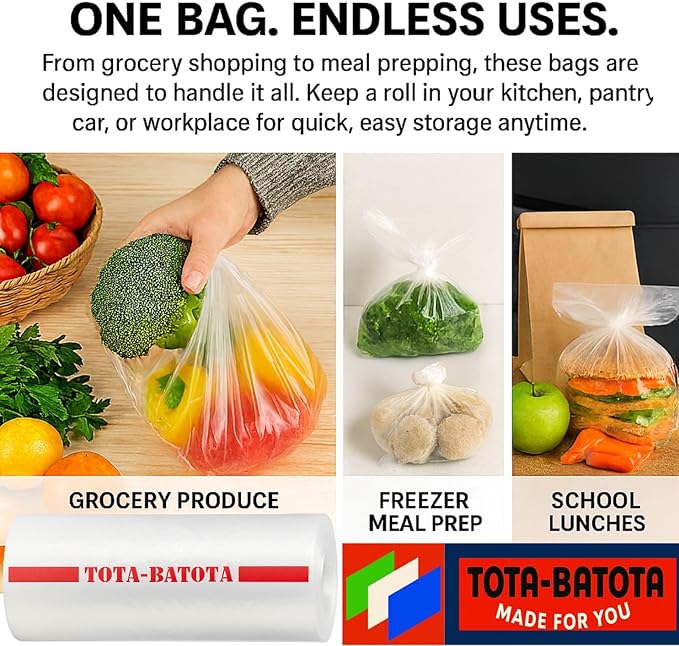 Plastic Produce Bags on Roll – 500 Count, 10x15 in, Clear Food Storage Bags with Easy Tear Red Line, for Fruits, Vegetables, Meat, Freezer, Grocery & Kitchen Use,TOTA-BATOTA