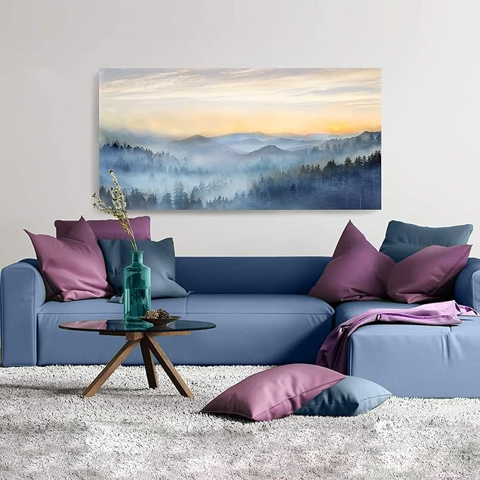 Wall Decor for Living Room Sunrise Misty Forest Print Picture Paintings Wall Art for Bedroom Bathroom Framed Large Canvas Artwork Modern Room Wall Decorations Size 60x30 inches Ready to Hang