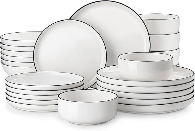 MALACASA Plates and Bowls Sets, 24 Pieces Modern Porcelain Dinnerware Set for 6 Ceramic Dishware Dishes White Kitchen Dinner Dining Ware Set wtih Black Rim Microwave and Dishwasher Safe, Series LUNA