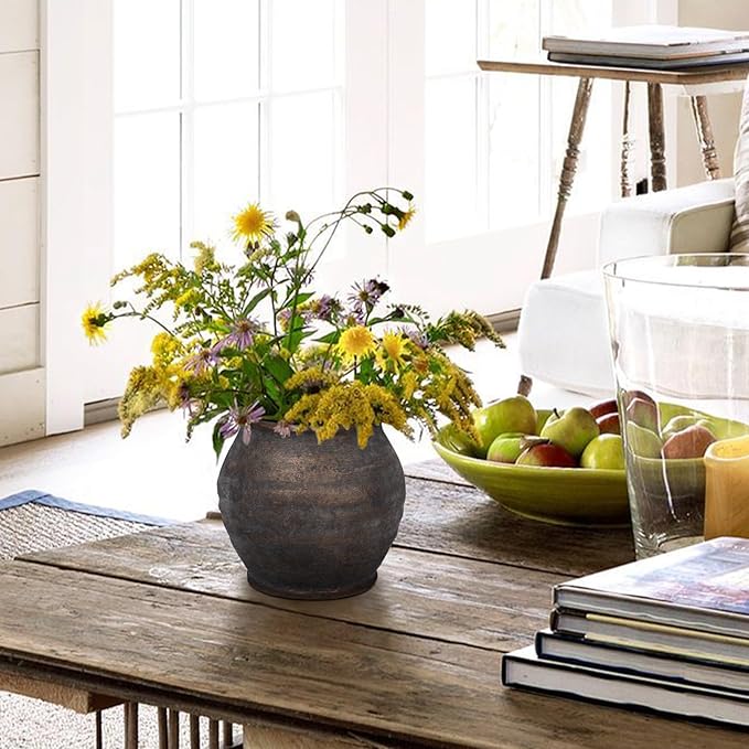 Briful 5.91'' Large Ceramic Rustic Vase Shabby Vintage Textured Vase, 4.72'' Wide Mouth Pampas Jar Vase Pottery for Fake Flowers Branches, Farmhouse Home Décor, Weddings Shelf Table Decor, Brown