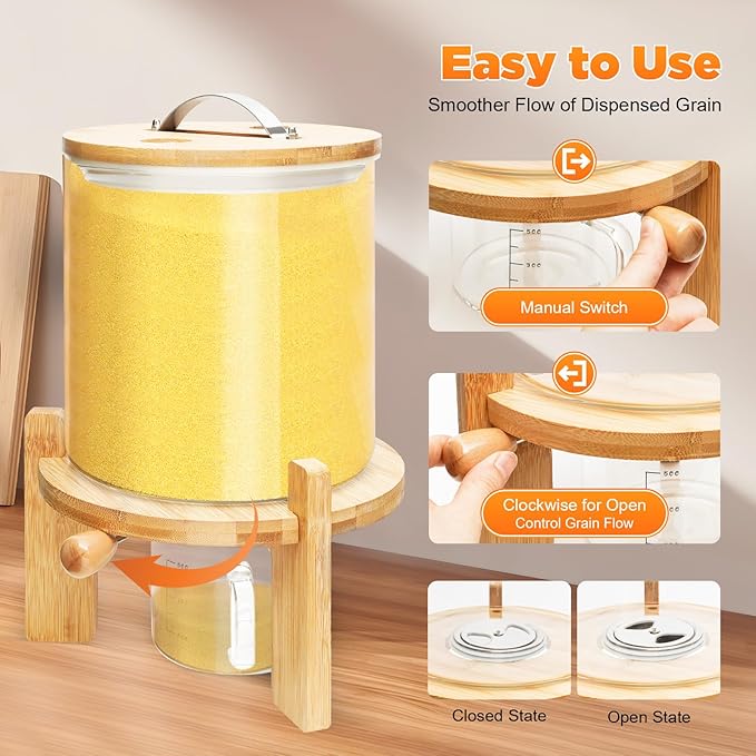 5L Cereal Dispenser, Clear Glass Grain Storage Container, Dry Food Dispenser, Rice Bin Organizer with Graduated Measuring Cup for Home Kitchen Breakfast Market