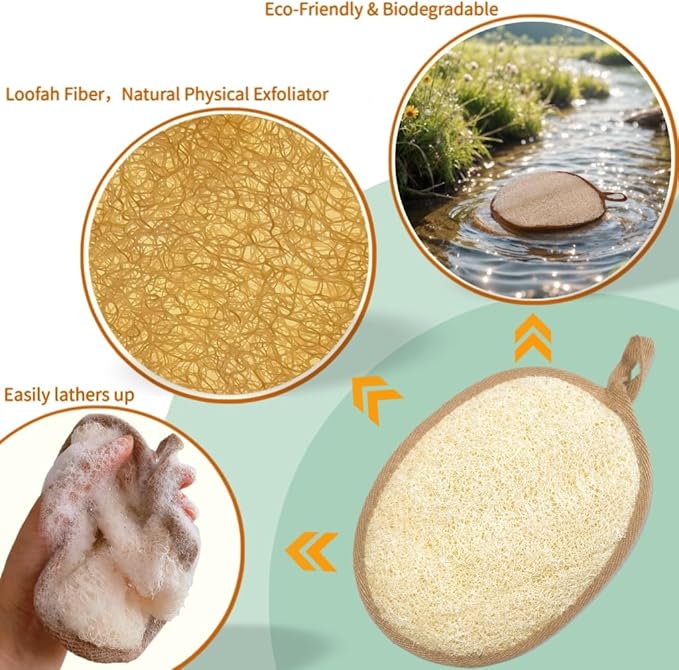 Natural Loofah Bath Sponge Set of 2,Exfoliating Body Scrubber for Shower & Bath,Eco-Friendly & Reusable Spa Gift Set for Men and Women, Large Size 7.1"x5.1" Oval (White and Brown)
