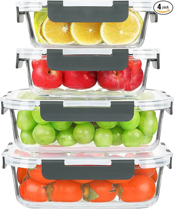 KOMUEE 52oz & 22oz Glass Food Storage Containers Set with Airtight Lids, BPA-Free, 4 Pack Meal Prep Containers for Baking, Serving - Freezer, Microwave, Oven, Dishwasher Safe