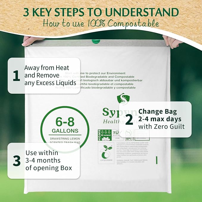 Compostable Trash Bags 6-8 Gallon (50-Pack) – Heavy Duty, 1.1 Mil Thick, 100% Biodegradable Kitchen Waste Bags for Medium Bins | ASTM D6400, BPI & OK Compost HOME Certified, Eco-Friendly & Recyclable