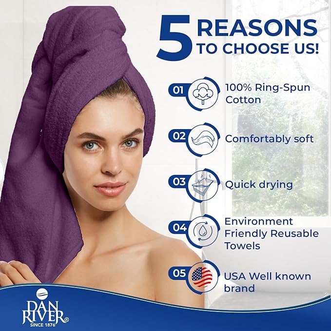 DAN RIVER 8 PC Luxury Bath Towels for Bathroom, 2 Bath, 2 Hand, and 4 Wash Cloths, 600 GSM 100% Ring Spun Cotton Towel Set, Highly Absorbent, Gym, Hotel, and Spa, Purple