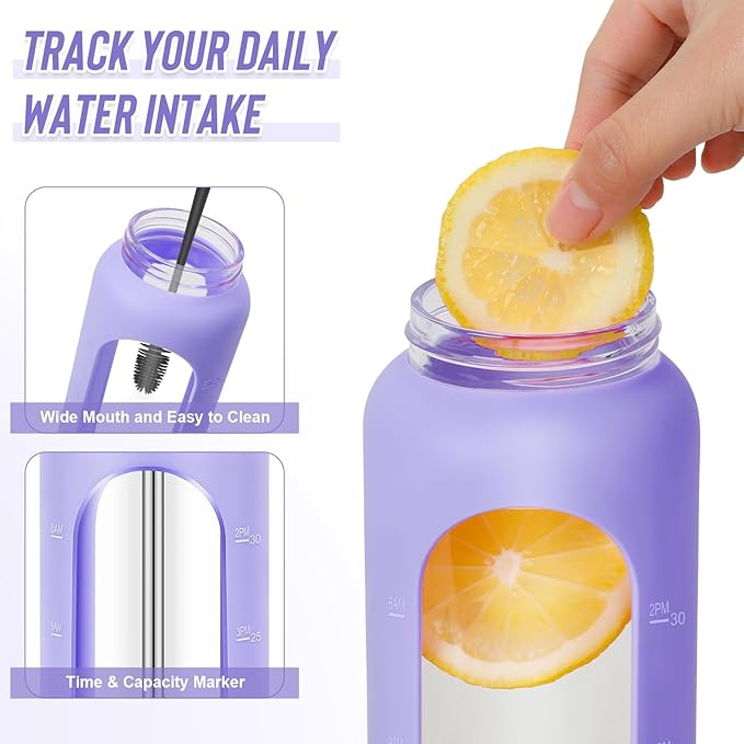 32 oz Glass Water Bottles - 1 Liter Motivational Tumbler Water Bottle Time Marker - Borosilicate Glass Water Bottle With Silicone Sleeve and 2 Lids, Handle Spout & Bamboo Straw Lid