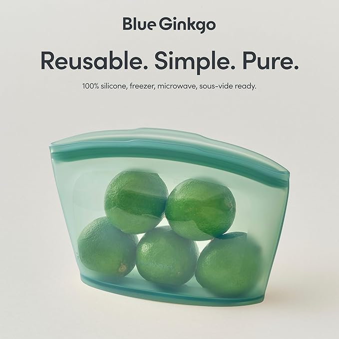 Blue Ginkgo Reusable Silicone Storage Bags – 3-Pack | Korean-Made Stand Up Food, Freezer Bags - Forest Green