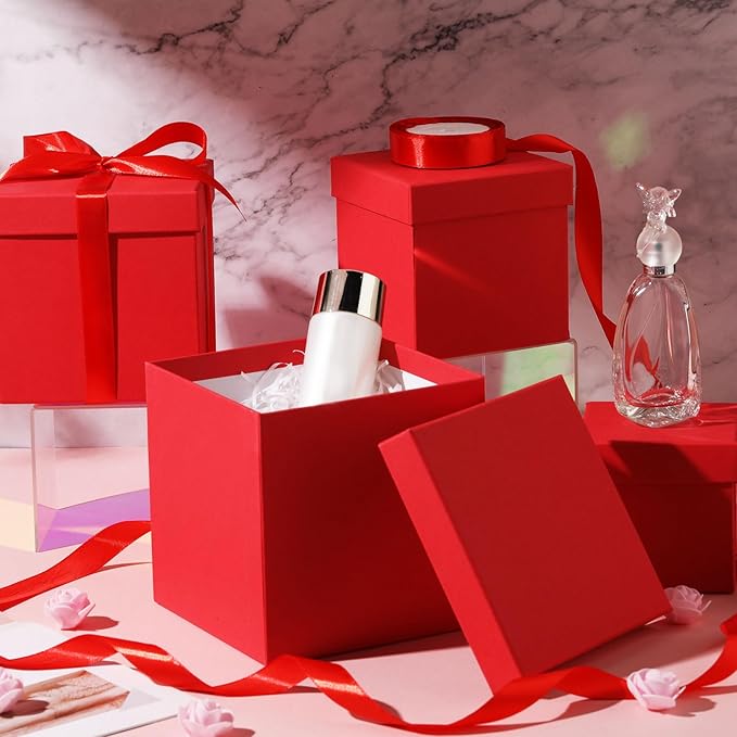 Cholemy 5 Pcs Square Nesting Boxes Decorative Gift Boxes with Lid and Ribbon Assorted Sizes Wrap for Wedding, Thanksgiving, Christmas, Anniversary, Birthday, Bridal Party(Bright Red)