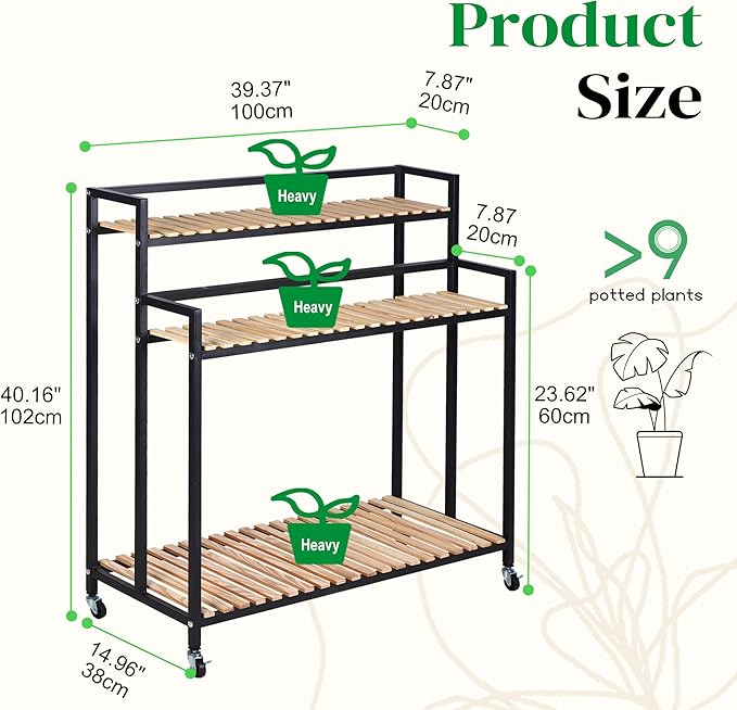 3-Tier Plant Shelf Modern Rolling Plant Stand with Rustic Wood and Iron Frame. for indoor/outdoor use in Living Spaces or Patio.Space spare,Robust Pine,Easy Assembly