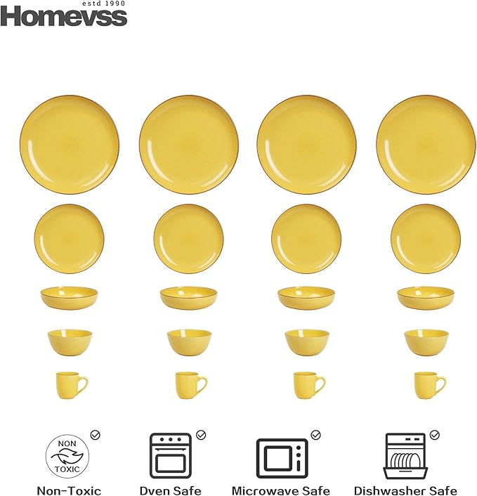 HomeVSS 20-Piece Dinnerware Set - Serves 4, Bright Glaze Yellow plates and bowls sets with Speckle Effect for Microwave & Dishwasher Safe