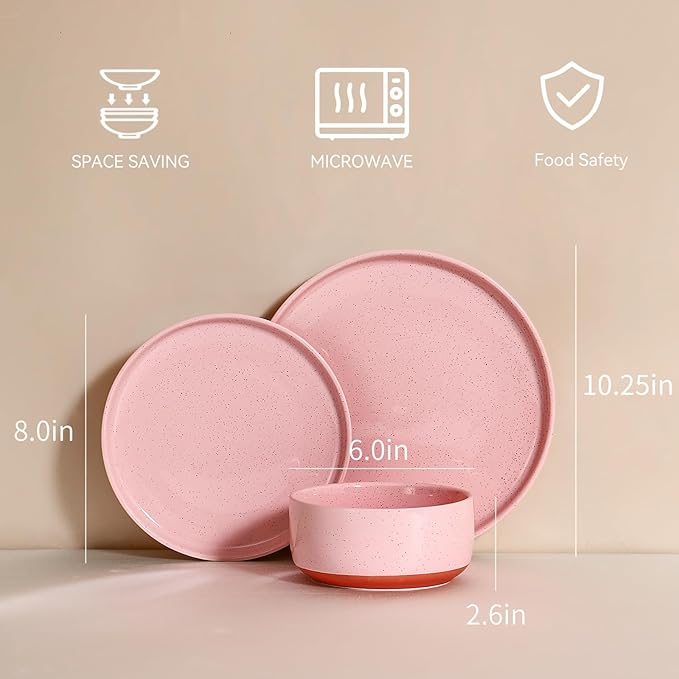GZG Modern Art Series - 12 Pcs Speckled Stoneware Plates and Bowls Sets, Ceramic Dinnerware Set with Rustic Terracotta Underside, Microwave and Dishwasher Safe Handcrafted Dishes Set - Blush Pink