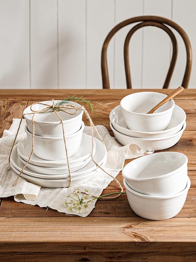 LE TAUCI Dishes Set with Pasta Bowls for 4, Stoneware Dinnerware Set, 10" Dinner & 8" Salad Plates, 6" Bowls, 8.5" Pasta (30 oz), Stackable, Microwave & Dishwasher Safe Ceramic, 16-Piece, White