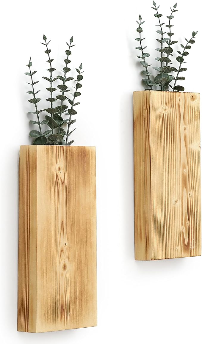 Wood Wall Planter Set of 2, Wood Wall Pocket for Greenery and Dried Flowers, Indoor Wood Hanging Vase, Modern Farmhouse Wall Decor for Living Room Bedroom Office Eucalyptus Stems Decorations (Retro)