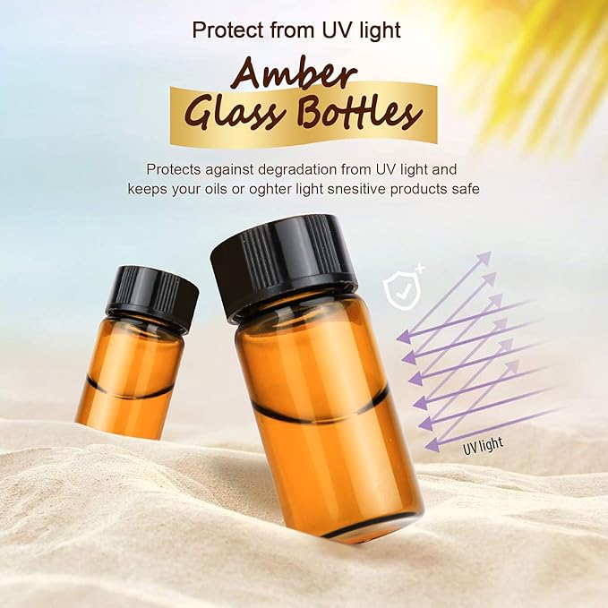 50 Pack,5ml (1/6 oz) Amber Glass Essential Oil Bottle with Screw Caps,Empty Refillable Travel Glass Liquid Sample Vial Preservation Storage Vials Test Container-FREE Funnel&Dropper