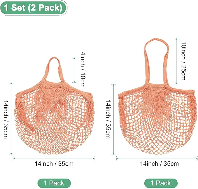 2-Pack Cotton Mesh Bag, Reusable Washable Mesh Net String Grocery Bags, Reusable Produce Bags with Handle, Net Tote Bag for Fruits Shopping [Pink Brown, Long&Short Handle]