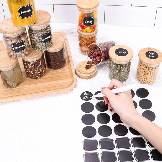 Keketin 6 oz Glass Spice Jars with Bamboo Lids,15 Pack Airtight Food Storage Canister 200ml Small Glass Jars with Lables for Kitchen Organization,Spices,Coffee,Flour,Candy,Nuts and Snacks