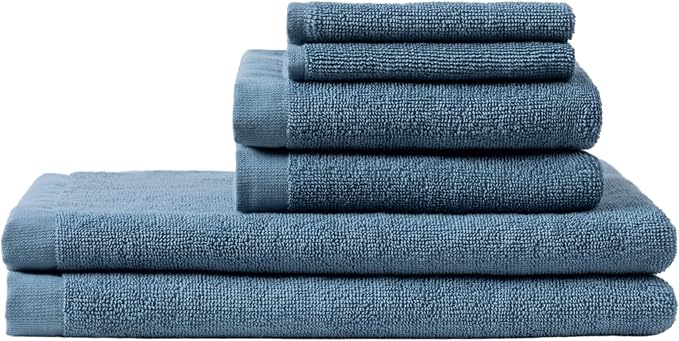 Coyuchi Classic Organic Cotton Terry Bath Towels, 6-Piece Towel Set, Cerulean, Quick-Dry, Highly Absorbent, Soft, Lightweight, 100% GOTS Certified, 2 Hand Towel, 2 Bath Towel, and 2 Washcloth