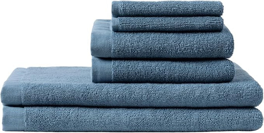 Coyuchi Classic Organic Cotton Terry Bath Towels, 6-Piece Towel Set, Cerulean, Quick-Dry, Highly Absorbent, Soft, Lightweight, 100% GOTS Certified, 2 Hand Towel, 2 Bath Towel, and 2 Washcloth