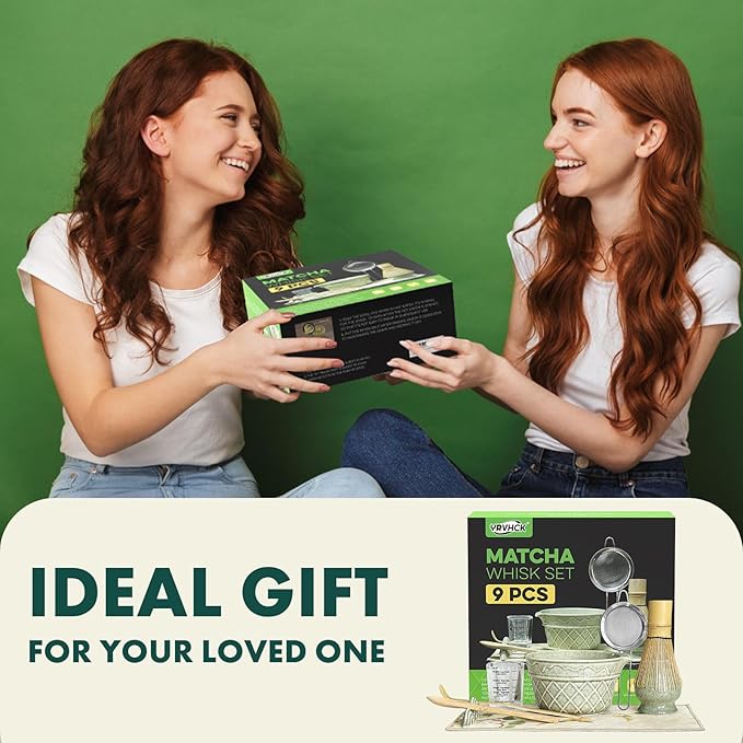 Matcha Whisk Set,9 Pcs Matcha Set with Matcha Bowl,Spout, Bamboo Whisk, Spoon Stand, Scoop, Sifter, Towel, Teaspoon and Glass Measuring Cup for Making Breakfast/Latte, Gift for Matcha Lover,Green