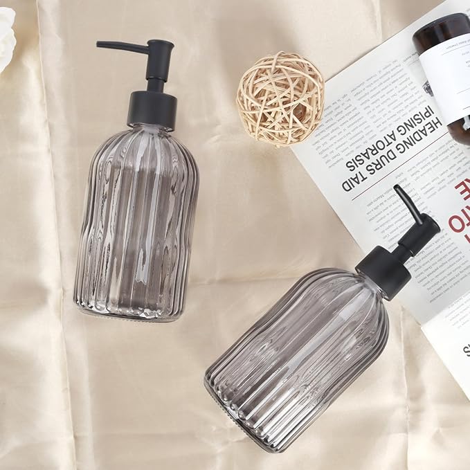 2 Pack 11oz Glass Soap Dispenser with Plastic Pump, Vertical Stripe Design Refillable Hand Soap Dispenser for Hand Wash, Bathroom and Kitchen