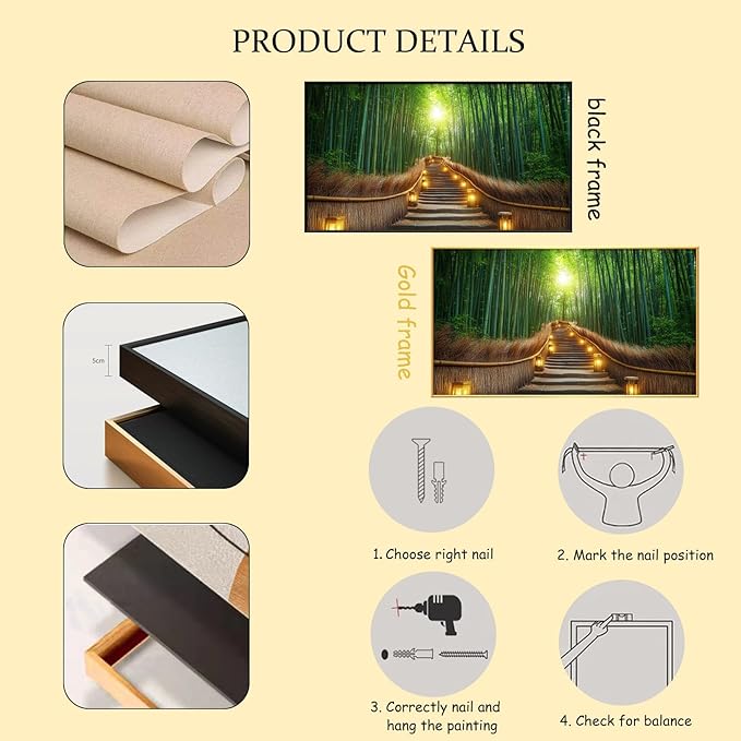 Bamboo Forest Canvas Art, Kyoto Japan Bamboo Picture, Nature Wall Decor, Home Decor for Bedroom & Living Room (Black Framed, 59"x33"|150x84cm)