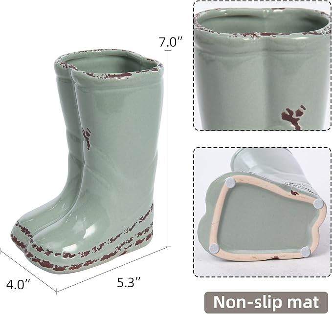 Quoowiit Ceramic Rustic Farmhouse Boot Vase, Green Distressed Flower Vase for Home Decor, Decorative Vases for Centerpiece Table Decorations, Vases for Living Room Kitchen Entryway Mantle Shelf Decor