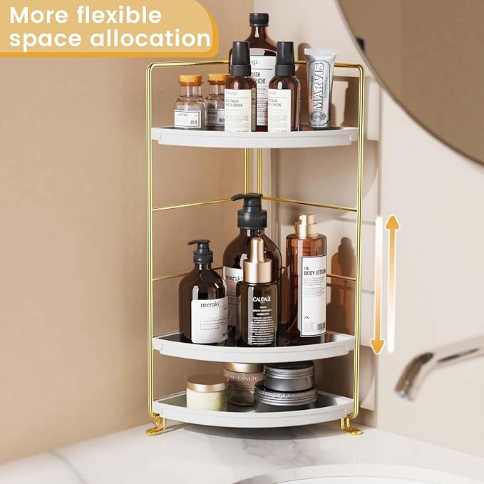 3-Tier Bathroom Organizer Countertop, Corner Bathroom Counter Organizer, Makeup for Vanity Skincare Organizers and Storage, Kitchen Counter Organizer Perfume Organizer (Gold)
