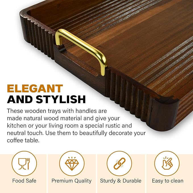 Acacia Wood Serving Tray with Metal Handles – 17x12in Rustic Decorative Ottoman & Coffee Table Tray for Breakfast in Bed, Dinner, Bar, Kitchen, Home Décor & Entertaining