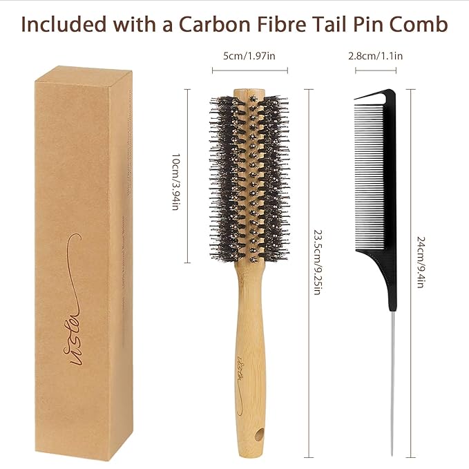 Vista Round Brush Bamboo with Pin Tail Comb Natural Boar Bristle Hair Brush Round for Blow Drying for Women Hairbrush for Wet or Dry Hair Detangling Smoothing Massaging