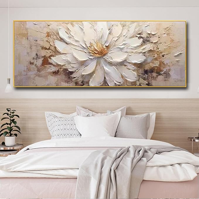 Hand-Painted Flower Canvas Oil Painting for Living Room, Large White Floral Canvas Wall Art for Bedroom,Gold Framed 3D Textured Painting for Office Kitchen Home Decoration 24x56 inches