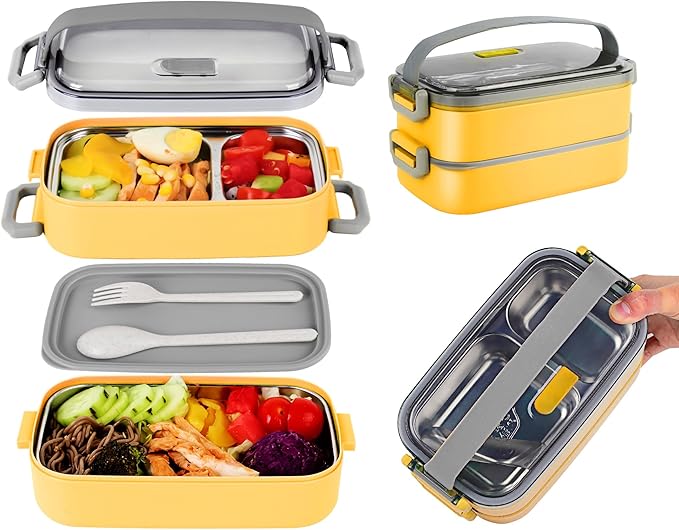 Bento Lunch Box for Kids Women Men, 47oz 2-Compartment Snack Salad Metal Food Prep Pack Container for Lunch, Stainless Steel 2 Layers Stackable Lunch Containers with Lids for Adults and Teens Yellow