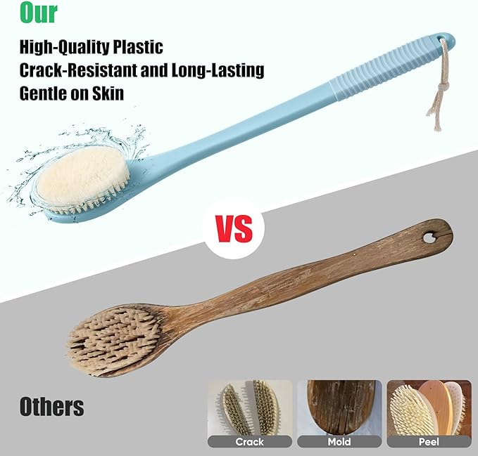 17-Inch Back Scrubber for Shower, Anti-Slip Exfoliating Body Brush for Bath, Gentle Back Brush for Shower for Men, and Women, Cleaning Skin for Smooth, Glowing Skin (Light Blue)