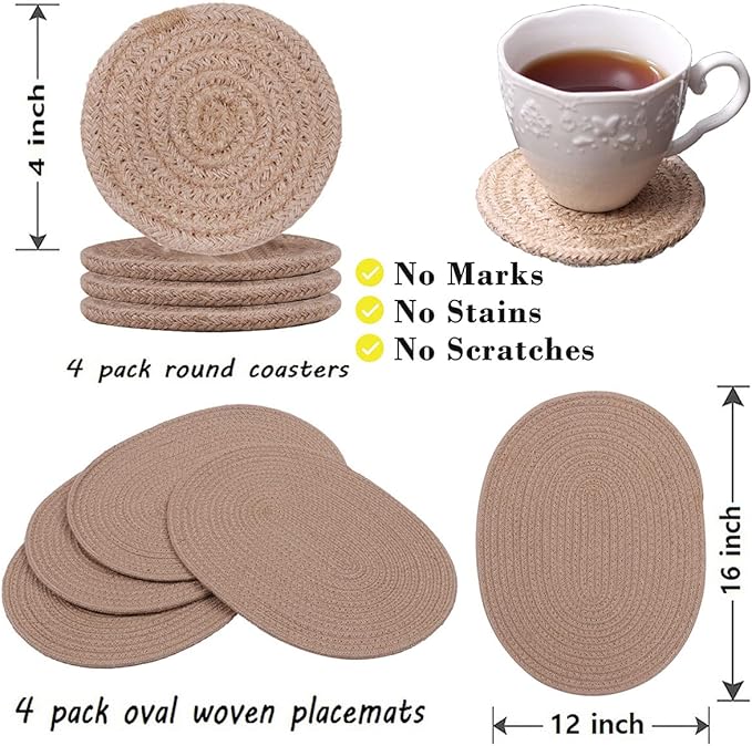 4 Pack Oval Jute Woven Placemats and Set of 4 Round Fabric Coasters, Cotton Braided Placemats Set, Dining Table Mat, Heat-Resistant Pot Holders, Washable Place Mats