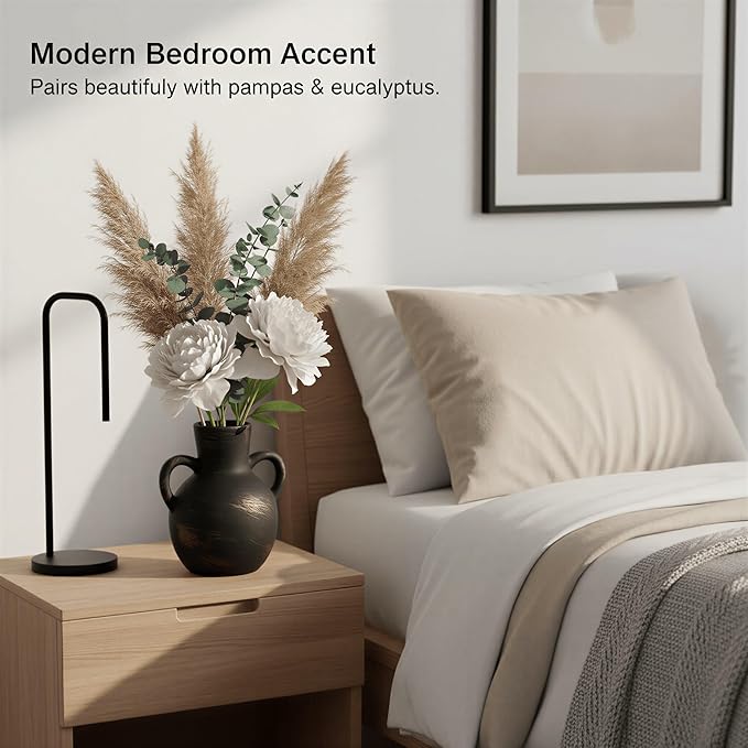 7.1-Inch Black Ceramic Flower Vase with Handles, Rustic Farmhouse Boho Pottery Decor for Table, Living Room & Shelf