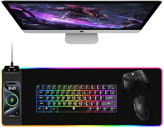 TopMade Mouse Pad with Wireless Charging, 31.5" x 11.81" Large Desk Mat RGB Gaming Mousepad, LED Desk Pad Keyboard Pad with Ultra-Smooth Surface & Non-Slip Rubber Base, Waterproof Desk Pad
