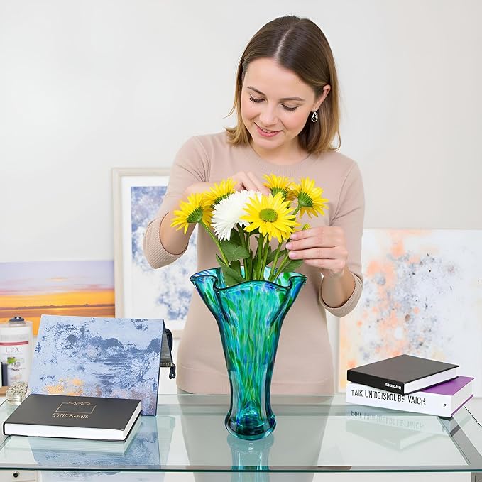 Green Blown Glass Vase for Flowers, 9.6" Teal Vase for Home Decor, Modern Art Flower Vases Decorative Table Centerpiece, Wedding, Living Room, Bookshelf, Entryway, Gift for Women Mom