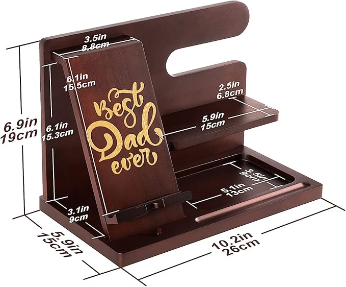 Personalized Wood Phone Docking Station For Dad-Best Dad Ever-Key Holder Wallet Stand Watch Organizer Dad Gifts Birthday Nightstand Fathers Day Christmas Travel Idea Gadgets To Dad From Daughter Son