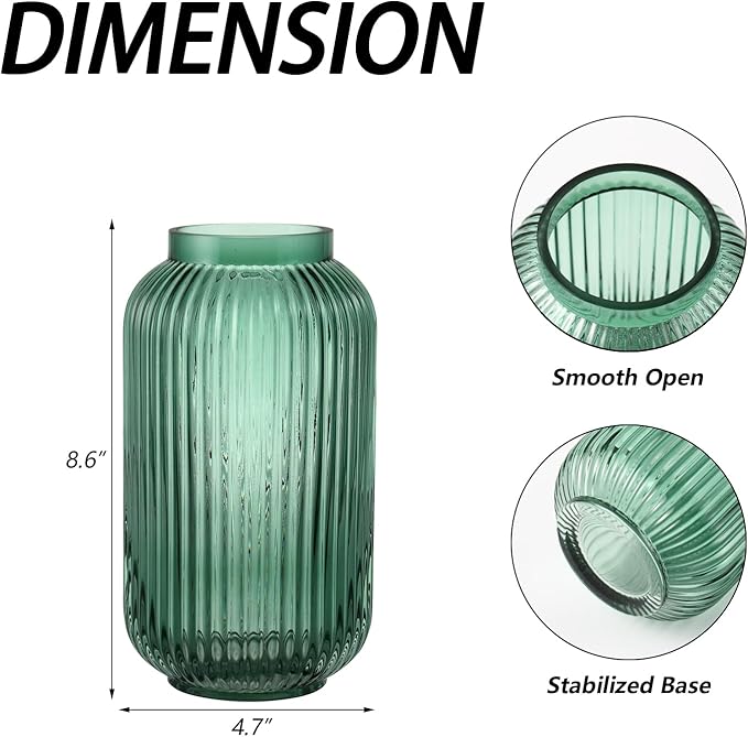 Ribbed Glass Vase, Green Flower Vase for Bouquet, Glass Vases for Flowers, Modern Vases for Living Room, Bedroom, Kitchen, Dining Table, Office, Wedding, 8.6 Inches