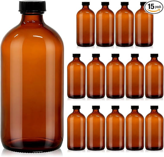 15 Pack 16 oz Amber Glass Boston Round Bottles with Phenolic Polycone Caps – Airtight, Leak-Proof Brown Bottles for Kombucha Brewing, Storing Condiments, Essential Oils, and Homemade Solutions
