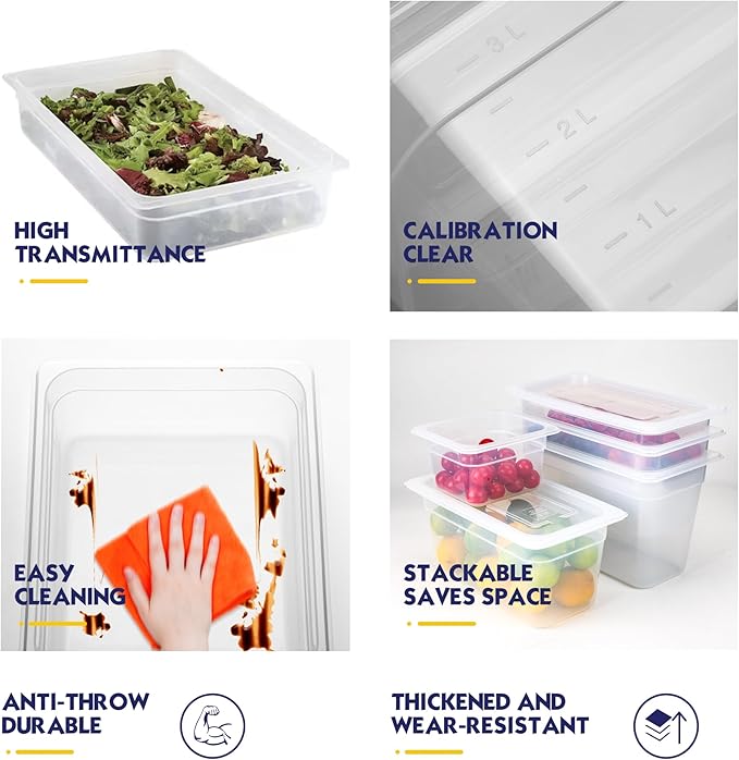 12 Pack 1/9 Size 4'' Deep Plastic Food Pans with Lids, Translucent, Commercial, BPA-free, Stackable Storage for Restaurants, Buffets