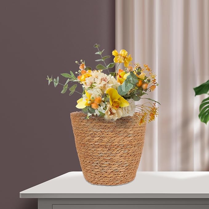 Veemoon 2Pcs Wicker Planter Basket, Rattan Grass Woven Flower Pot Seagrass Planter with Plastic Liner Farmhouse Storage Fruit Bowl Hyacinth Storage Baskets for Plant Flower Fruit Vegetable, 8.65inch H