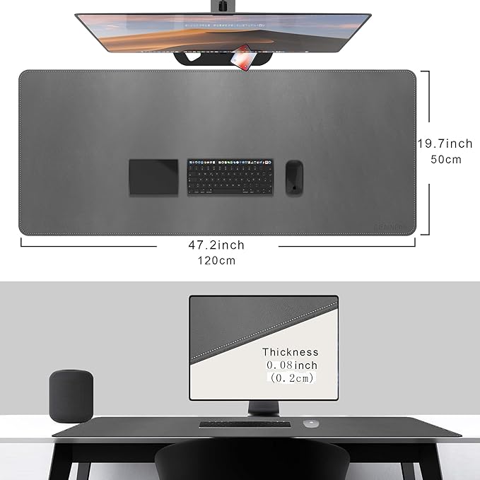 CENNBIE Desk Mat Pad Blotter Protector 47.2" x 19.6", PU Leather Desk Mat Laptop Keyboard Mouse Pad with Comfortable Writing Surface Waterproof (Grey)