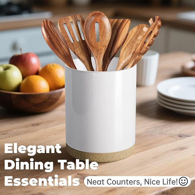 Ceramic Kitchen Utensil Holder for Countertop, Modern Crock with Non-Slip Cork Base, Counter Organizer for Cooking Tools , White