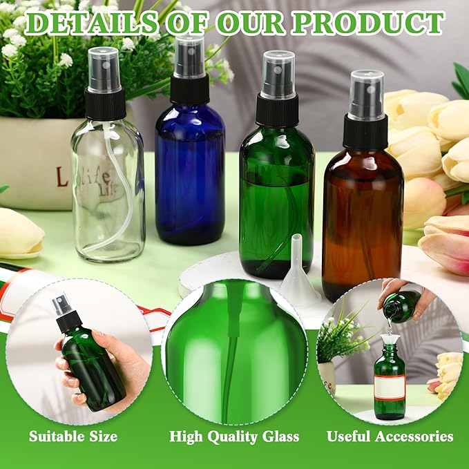 Fumete 36 Pcs Glass Spray Bottles 4oz Fine Mist Glass Spray Bottle Refillable Liquid Containers with 6 Labels 6 Funnel for Hair Travel Plants Cleaning Solutions Skin Care(Multicolor,Classic)