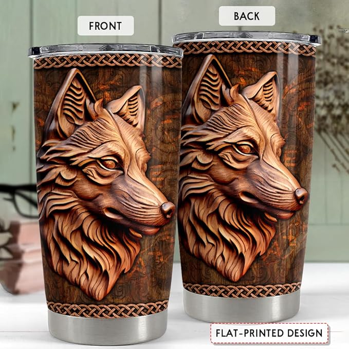 SANDJEST Wolf Tumbler 20oz Wolf Wood Drawing Stainless Steel Insulated Tumblers Coffee Travel Mug Cup Wolf Gift for Men Boys Gifts for Birthday Christmas