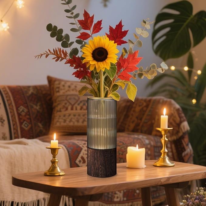 Ribbed Glass Vase Set of 2 Vases for Flowers,10" H Wood Glass Vase with Solid Wooden Base,Rustic Flower Vase for Home Decor,Living Room,Bedroom,Kitchen,Dining Table,Fireplace,Office(Gray & Clear)