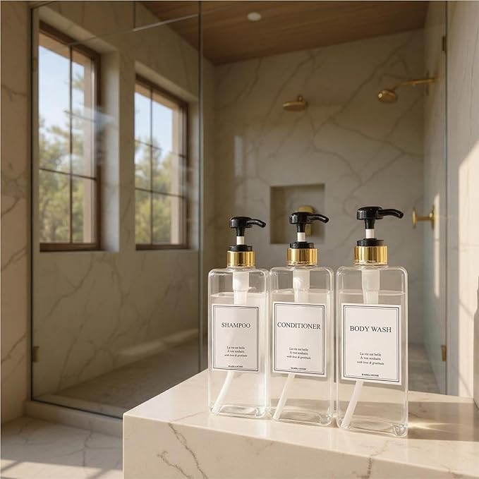 Modern Gold Design Large 27 oz Shampoo and Conditioner Dispensers - Empty Plastic Refillable Pump Bottle Set for Bathroom Shower Soap Dispenser, Gift Box Included, Set of 3 (Clear & Black)