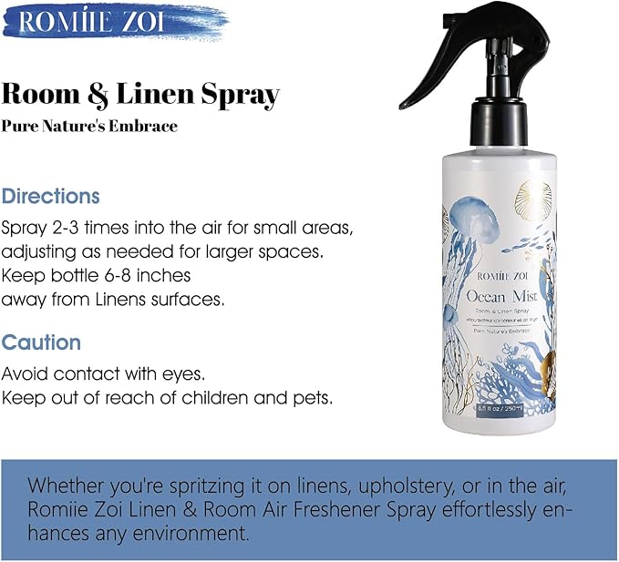 ROMIIE ZOI Room Spray Air Freshener Scented Ocean Mist with Natural Plant Extract Room Fabric Spray for Home Fragrance linen Spray air Freshener - 8.5 FL OZ