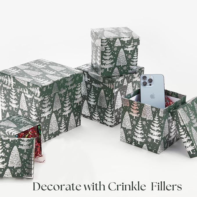 UNIQOOO 5Pcs Green Christmas Gift Box Set with Lid, Assorted Size, Square Silver Xmas Tree Nested Paper Keepsake Boxes, Card Box Tower Organizer Decor, Holiday, Thanksgiving, Party Gift Wrap Packaging