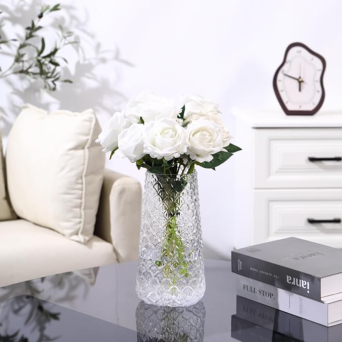 Glass Vase, Clear Flower Vase for Bouquet, Large Glass Vases for Flowers, Modern Vases for Living Room, Bedroom, Dining Table, Office, Kitchen, Wedding, 9 Inches